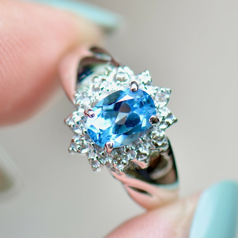 Swiss Blue Topaz Diamond 9ct White Gold Halo Ring