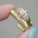 Vintage Ruby Eyes and Diamond Snake Serpent 18ct Yellow Gold Ring