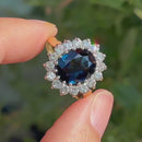 Vintage 1980s Teal Blue Sapphire and Diamond Cluster Ring in 18ct Yellow Gold  (Approx. 4.13ct)