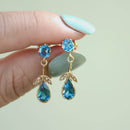 Edwardian Style London Blue Topaz and Seed Pearl 9ct Yellow Gold Drop Earrings