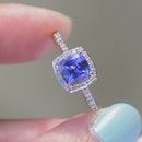 AAA Tanzanite and Diamond 9ct Yellow Gold Cushion Halo Ring (1.66cts)
