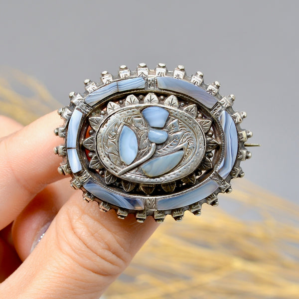 Antique Scottish Thistle Blue Lace Agate Silver Brooch