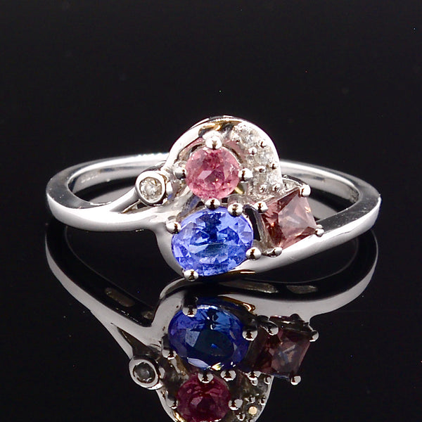 Tanzanite, Garnet, & Tourmaline Multigems 9CT White Gold Ocean Wave Ring