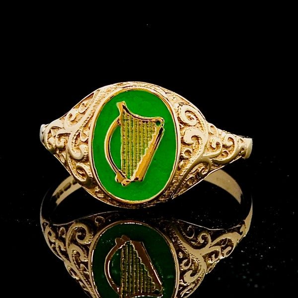 Irish Harp Green Enamel 9CT Yellow Gold Ring