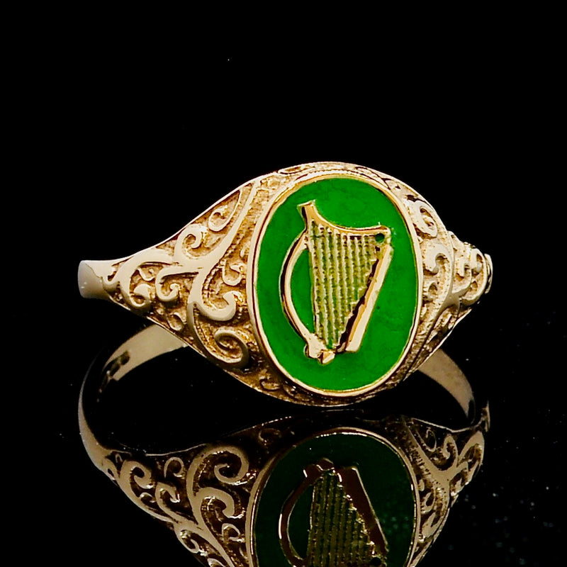 Irish Harp Green Enamel 9CT Yellow Gold Ring