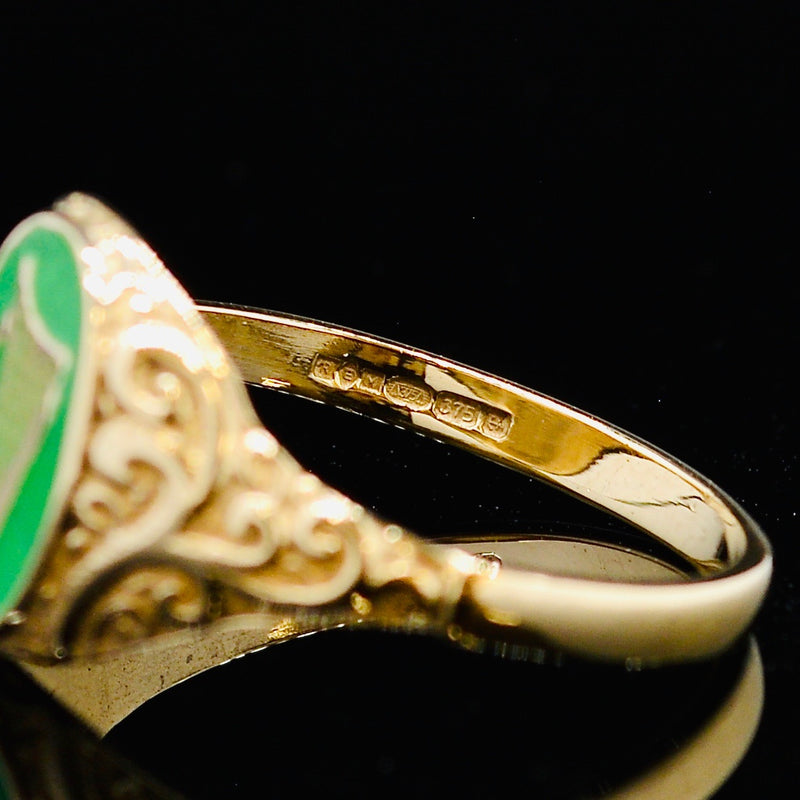 Irish Harp Green Enamel 9CT Yellow Gold Ring