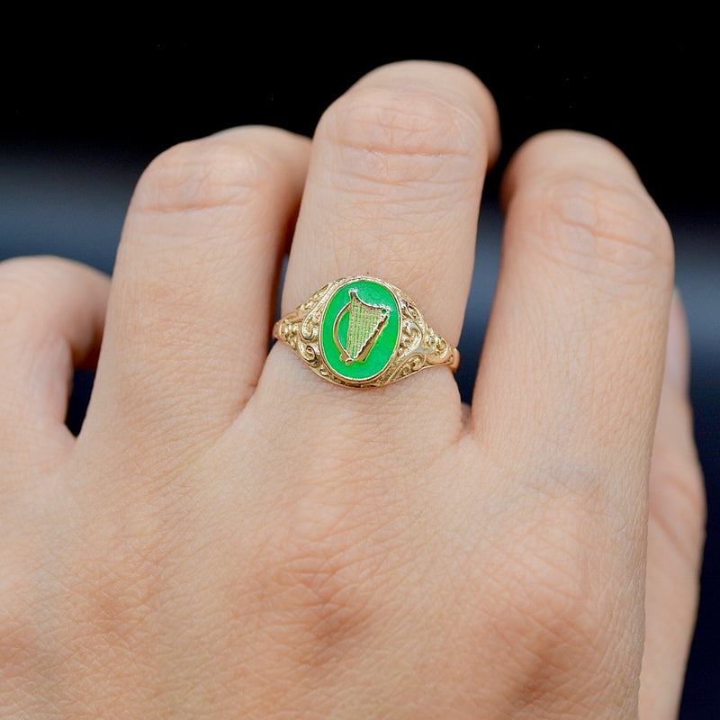 Irish Harp Green Enamel 9CT Yellow Gold Ring