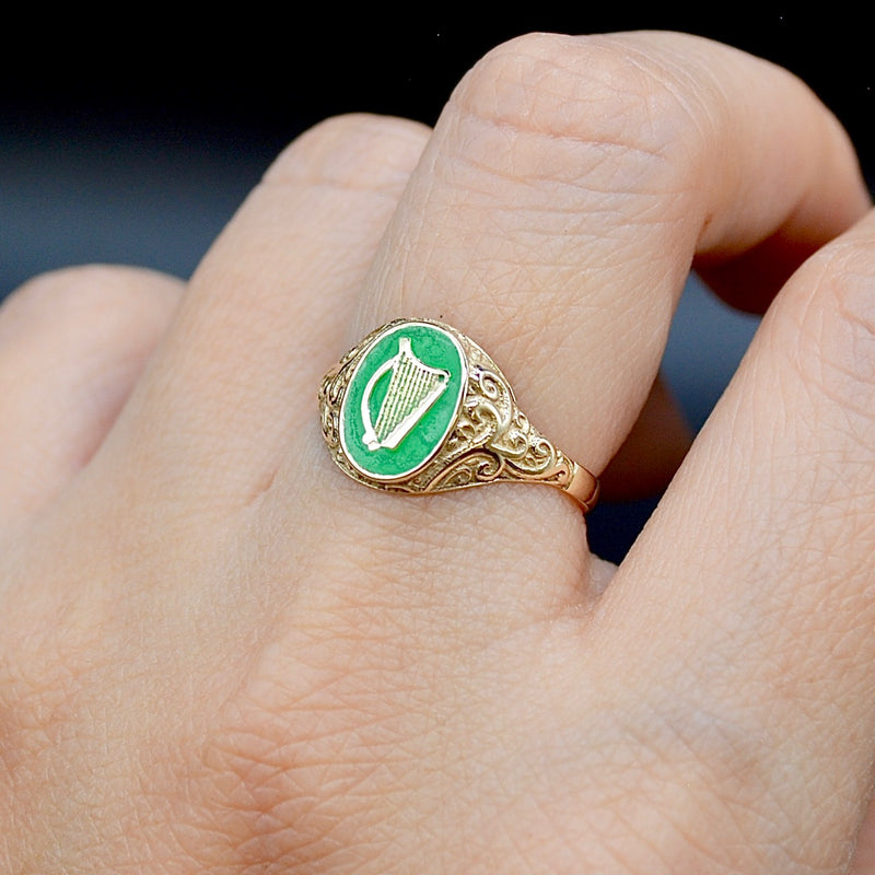 Irish Harp Green Enamel 9CT Yellow Gold Ring