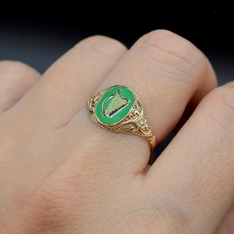 Irish Harp Green Enamel 9CT Yellow Gold Ring