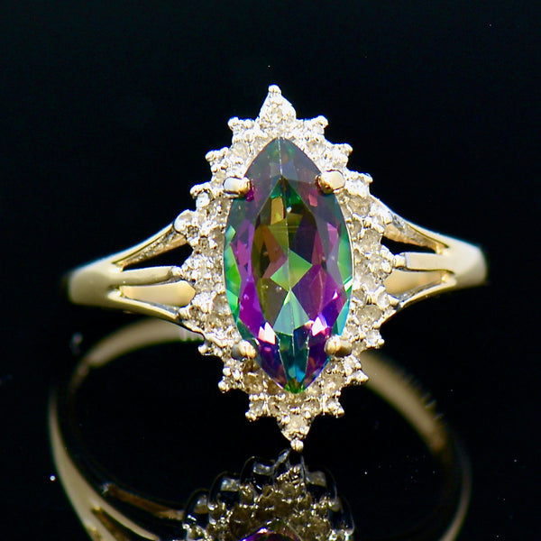 9ct Yellow Gold Mystic Topaz & Diamond Marquise Halo Ring