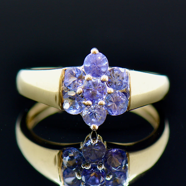 9CT Yellow Gold Tanzanite Flower Floral Cluster Ring