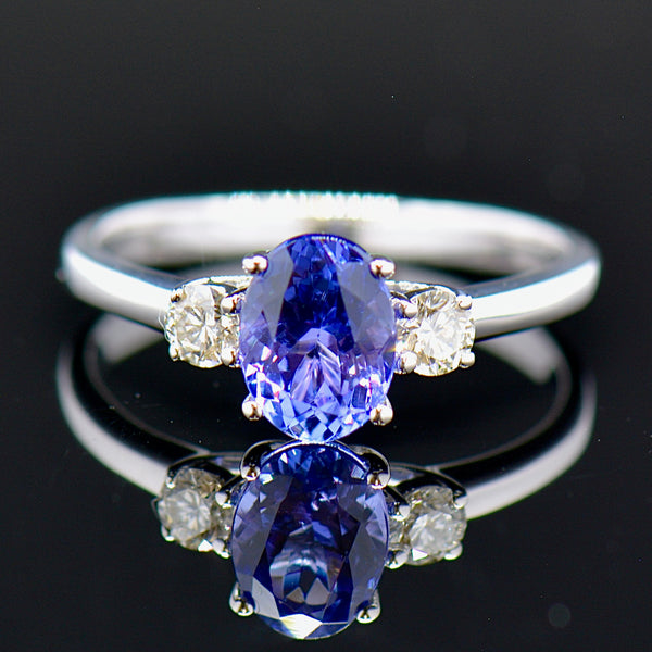 18CT White Gold Tanzanite & Diamond Trilogy Engagement Ring