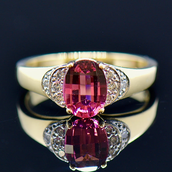 Vintage 18CT Gold Rubellite (Pink Tourmaline) & Diamond Engagement Ring