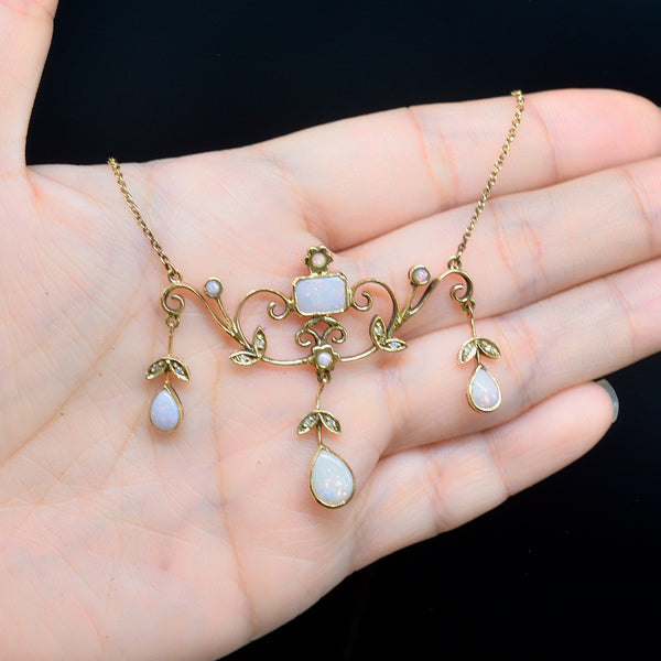 Vintage 9CT Yellow Gold Opal and Diamond Festoon Necklace