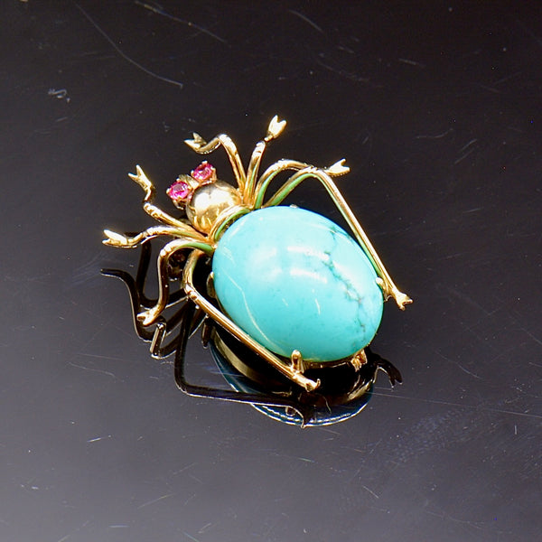 Antique Turquoise and Ruby 18ct Yellow Gold Spider Pendant / Brooch