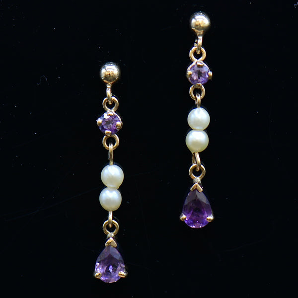 Vintage Amethyst & Seed Pearl Drop Earrings