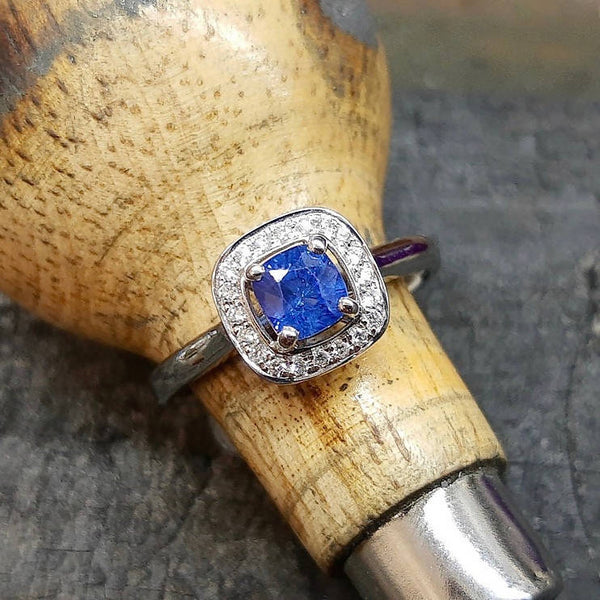 Sapphire and Diamond halo style white gold ring