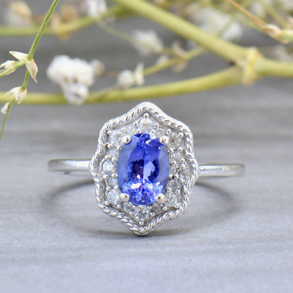 Tanzanite and White Zircons Silver Cluster Ring