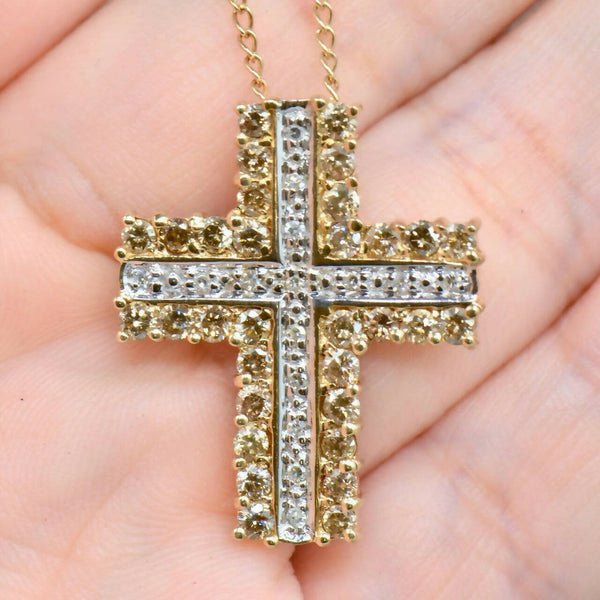 9ct Yellow Gold Champagne/Cognac and White Diamond Cross Pendant & Chain (1.01cts)