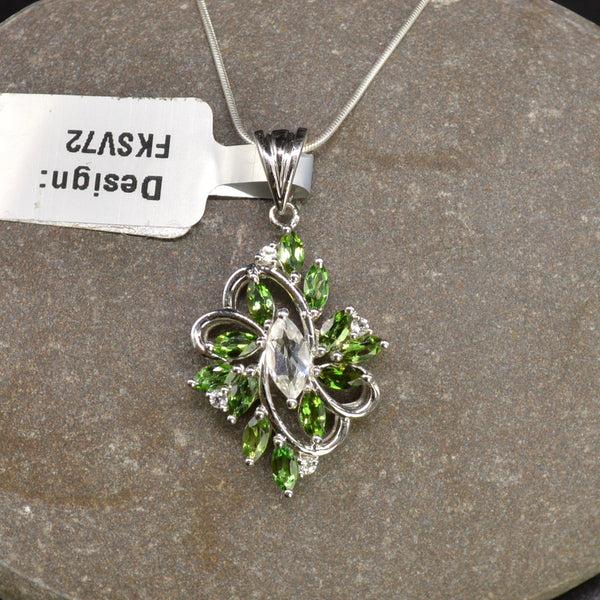 Green Tourmaline and White Topaz Sterling Silver Pendant & Chain