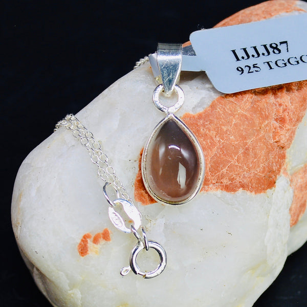 Grey Moonstone Cabochon Sterling Silver Pendant & Chain