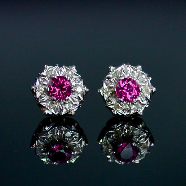 Ruby & Diamond Cluster Halo Stud Earrings