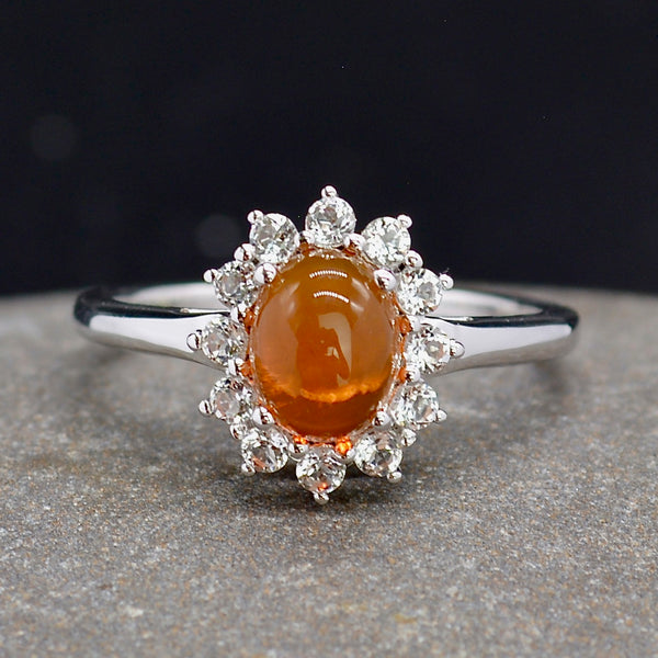 Natural American Fire Opal & White Topaz Halo Silver Ring