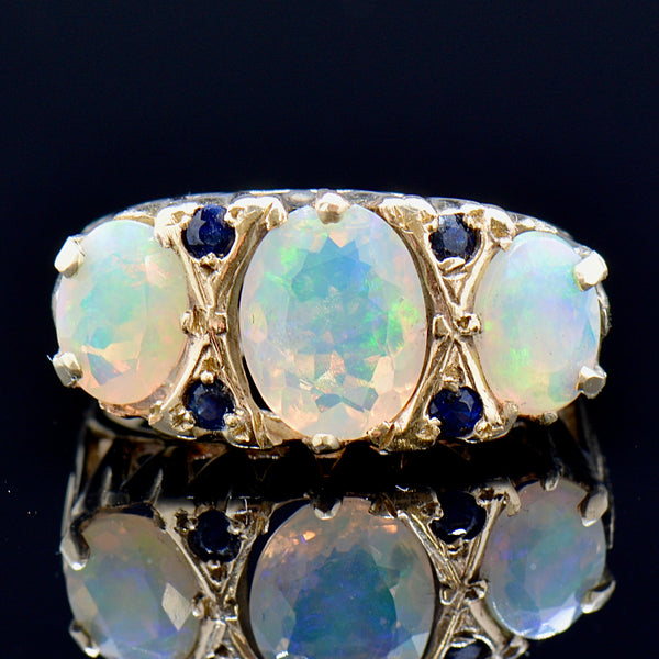 Large Vintage 9ct Yellow Gold Opal & Sapphire Gypsy Set Ring