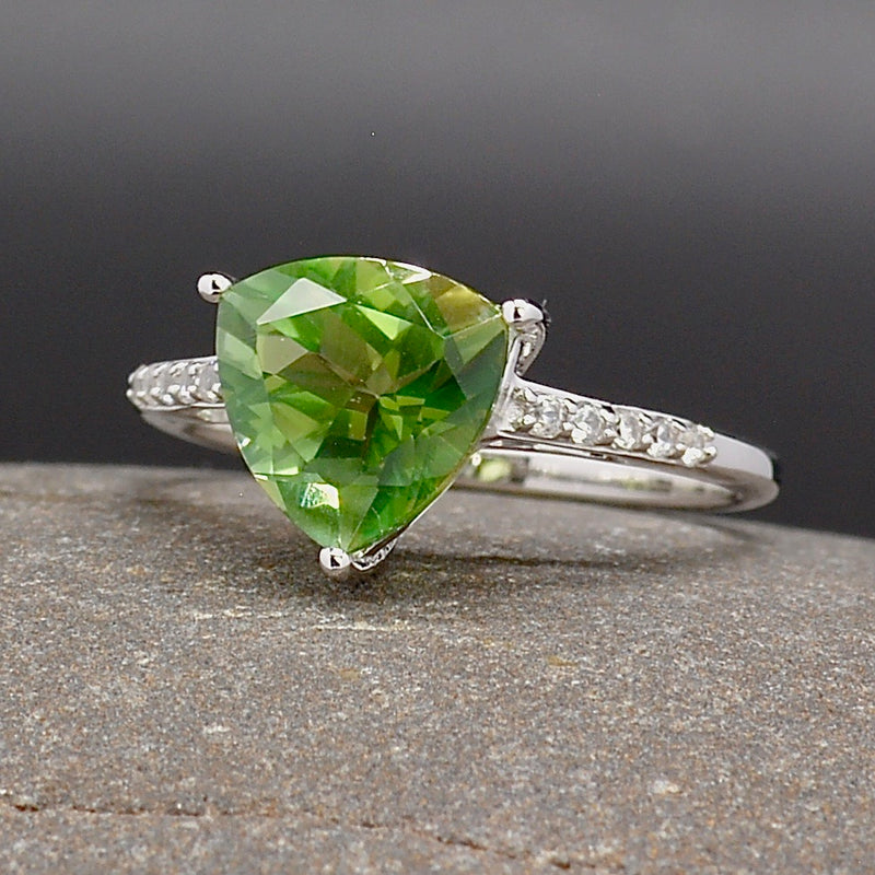 Fern Green Quartz and White Zircon Solitaire with Accents Ring