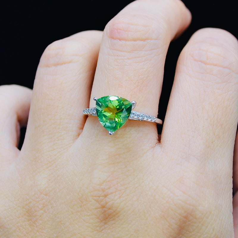 Fern Green Quartz and White Zircon Solitaire with Accents Ring
