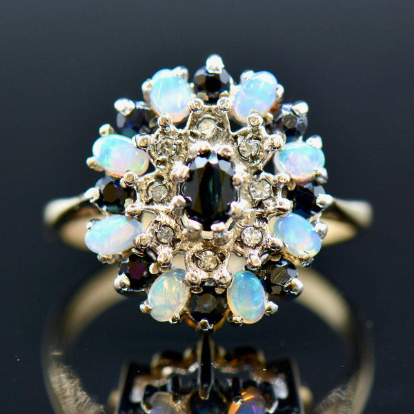 Vintage 9CT Yellow Gold Sapphire, Opal & Diamond Cluster Ring