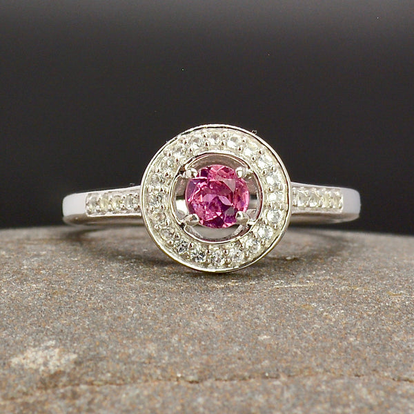 Certified Pink Tourmaline and White Topaz Halo Sterling Silver Ring