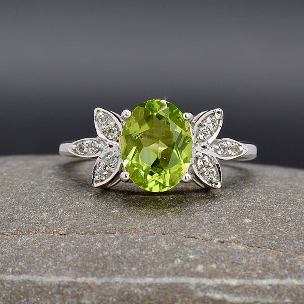 Certified Natural Peridot and White Topaz Sterling Silver Ring