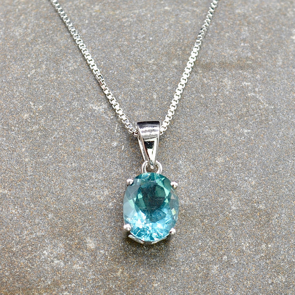 Green Fluorite Solitaire Sterling Silver Pendant & Necklace