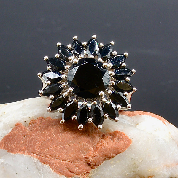 Large Black Spinel Silver Cluster Ring