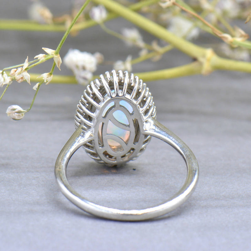 Vintage Genuine Crystal Opal and Diamond Silver Ballerina Ring