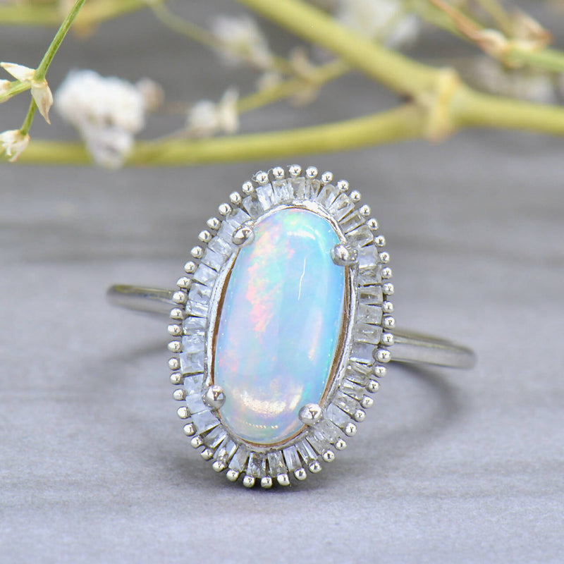 Vintage Genuine Crystal Opal and Diamond Silver Ballerina Ring