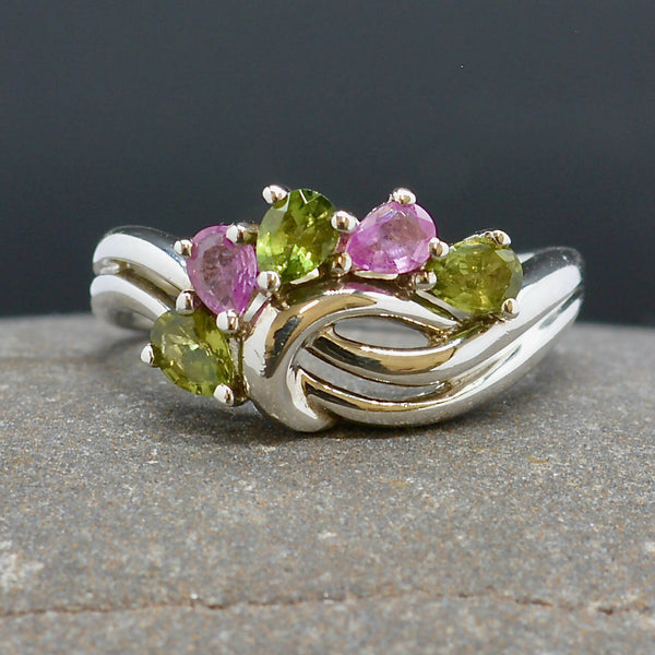 Vintage Pink and Green Topaz Wave Sterling Silver Ring