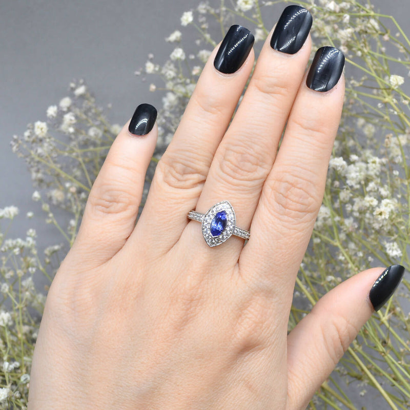 Tanzanite and White Zircons Silver Marquise Halo Ring