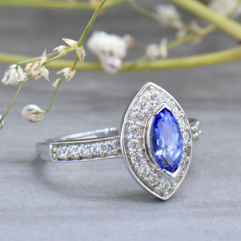 Tanzanite and White Zircons Silver Marquise Halo Ring