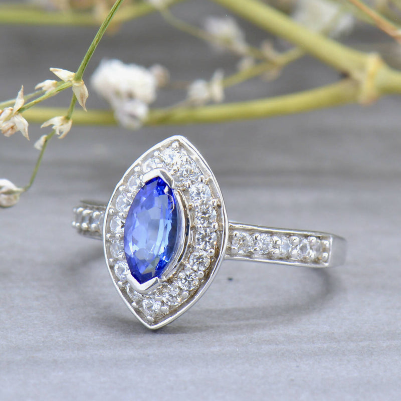 Tanzanite and White Zircons Silver Marquise Halo Ring