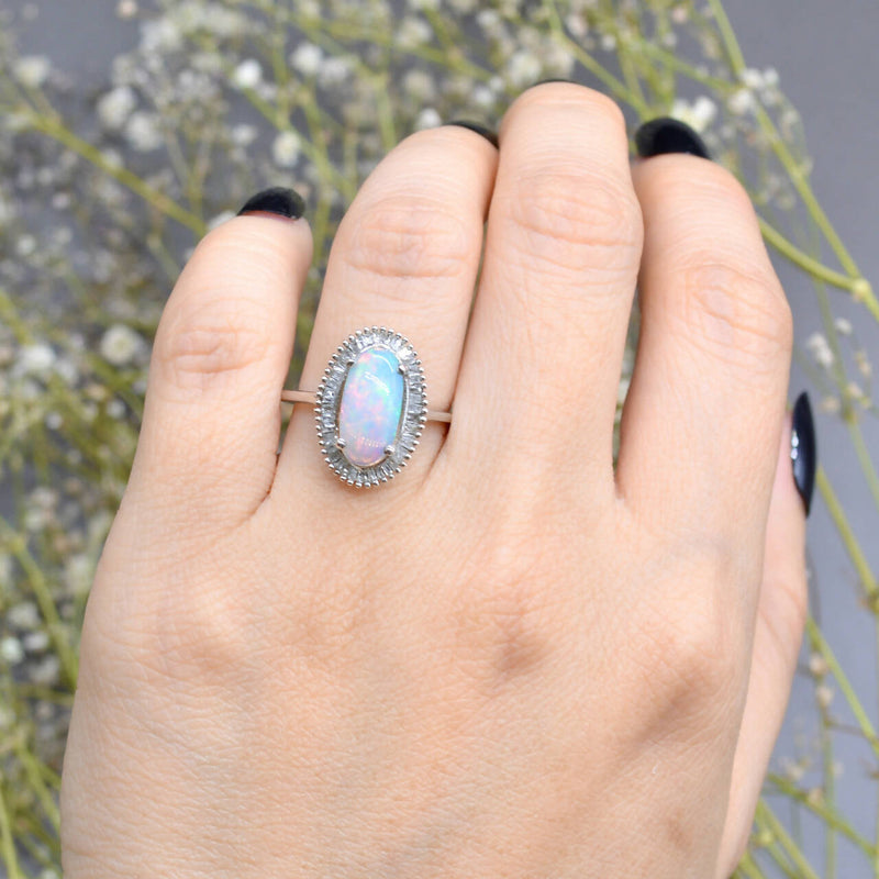 Vintage Genuine Crystal Opal and Diamond Silver Ballerina Ring
