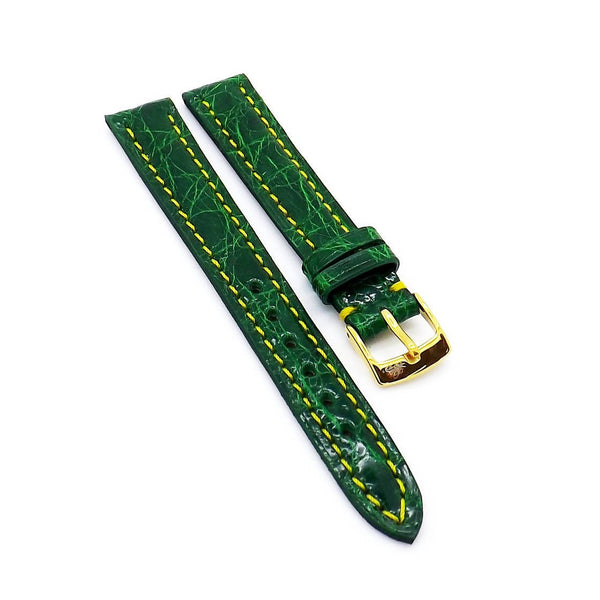 14mm Green Genuine Crocodile Watch Strap with Yellow Stitching