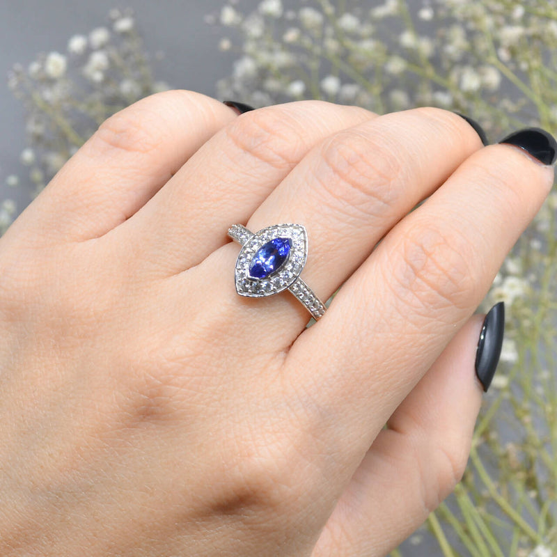 Tanzanite and White Zircons Silver Marquise Halo Ring