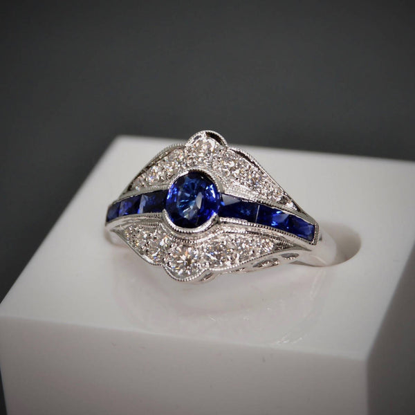 Deep blue Sapphire and Diamond white gold dress ring