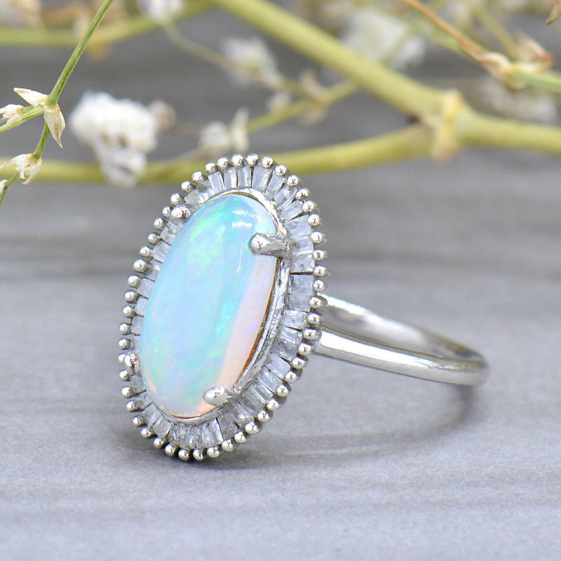 Vintage Genuine Crystal Opal and Diamond Silver Ballerina Ring