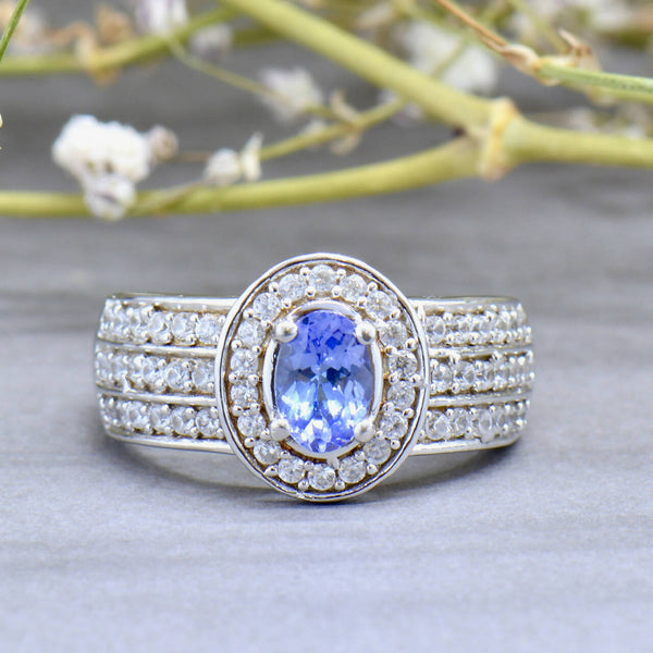 Tanzanite and White Zircons Silver Halo Three-Layer Design Ring