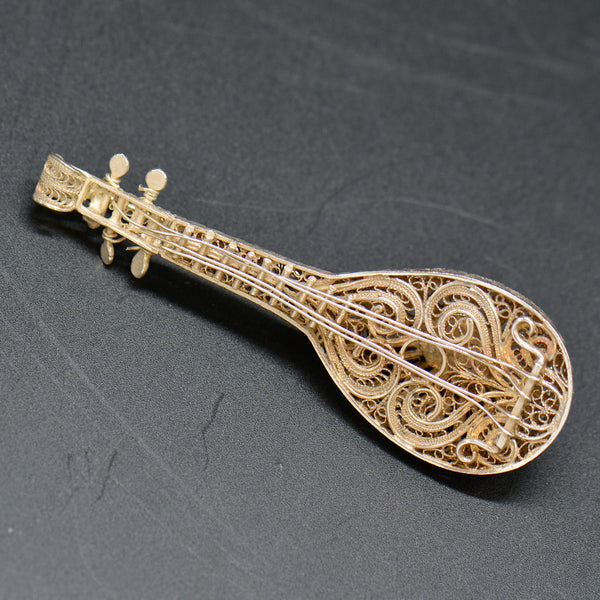 Vintage Mandolin Silver Filigree Brooch